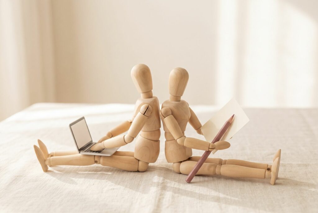 Two wooden mannequins back to back, one on a laptop, one with paper and pencil